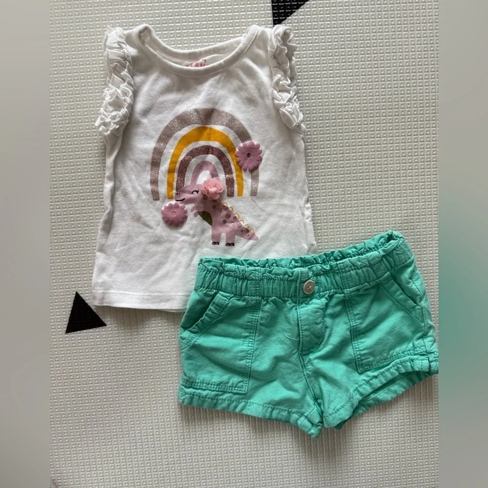 Oshkosh B’gosh|Baby girl cute summer outfit,teal shorts & white rainbow tank•••